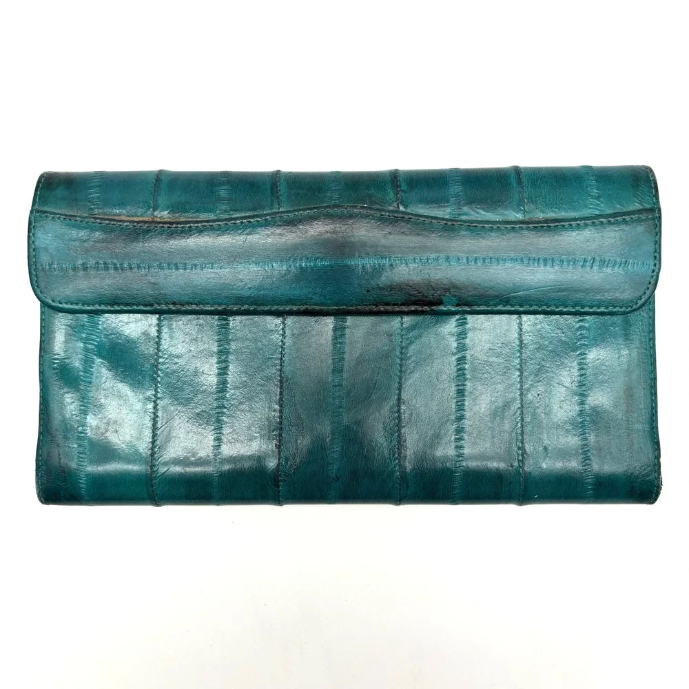 Vintage 70s Turquoise Blue Eel Skin Leather Organizer Trifold Wallet 7.25x4